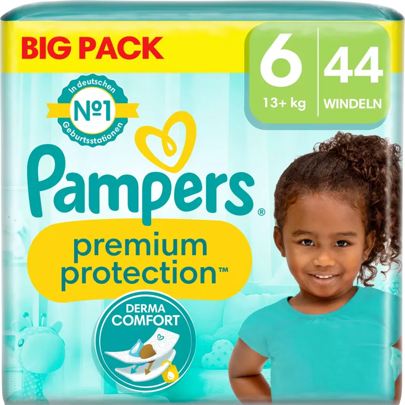 Couches Pampers Premium Protection Taille 6 Extra Large (13 kg et plus), paquet en vrac, 44 pièces.