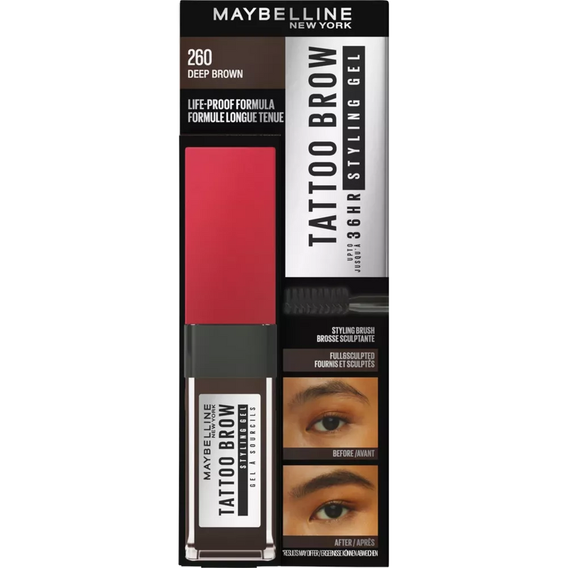 Maybelline New York Wenkbrauw Gel Tattoo Brow 36H Nr. 260 Diep Bruin, 6 ml