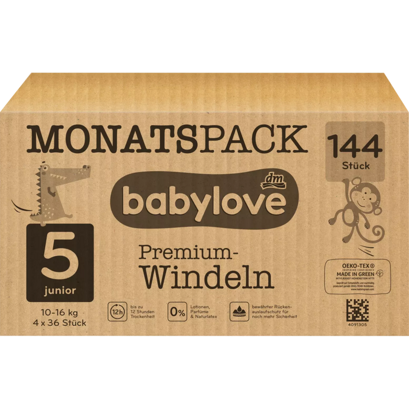 babylove Luiers Premium maat 5 Junior (10-16 kg), maandverpakking, 144 stuks.