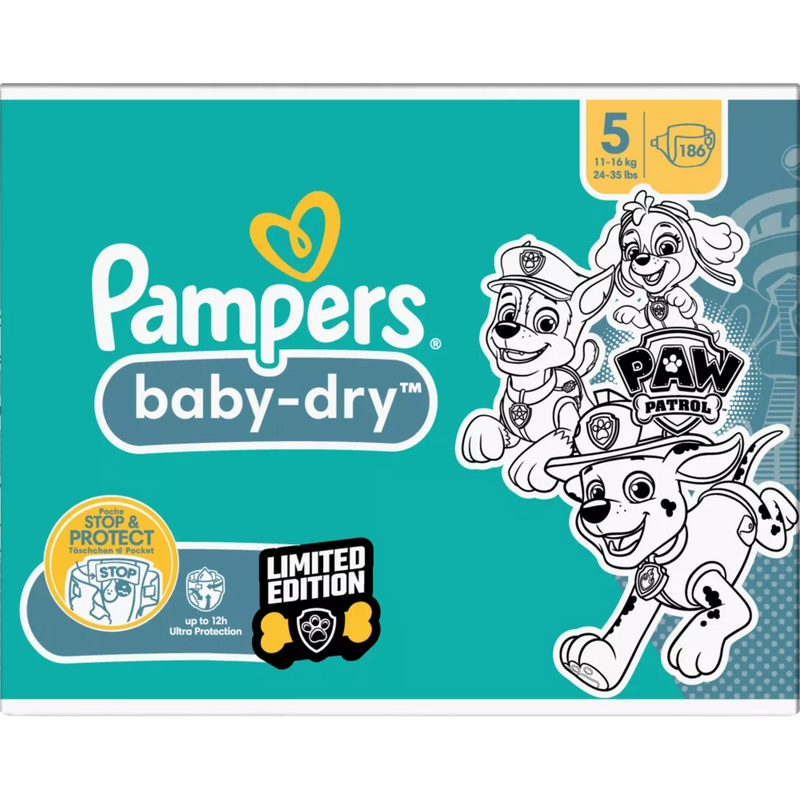 Pampers Luiers Baby Dry maat 5 (11-16 kg) Limited Edition Paw Patrol, maandelijkse doos, 186 stuks.