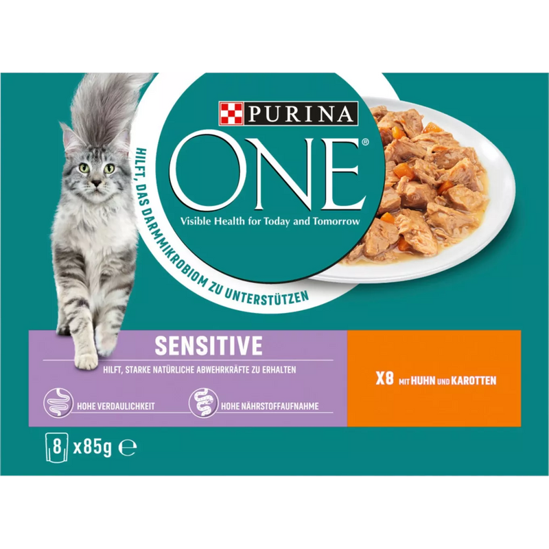 PURINA ONE Nat Kattenvoer Sensitive met Kip & Wortelen, Multipack (8x85 g), 680 g