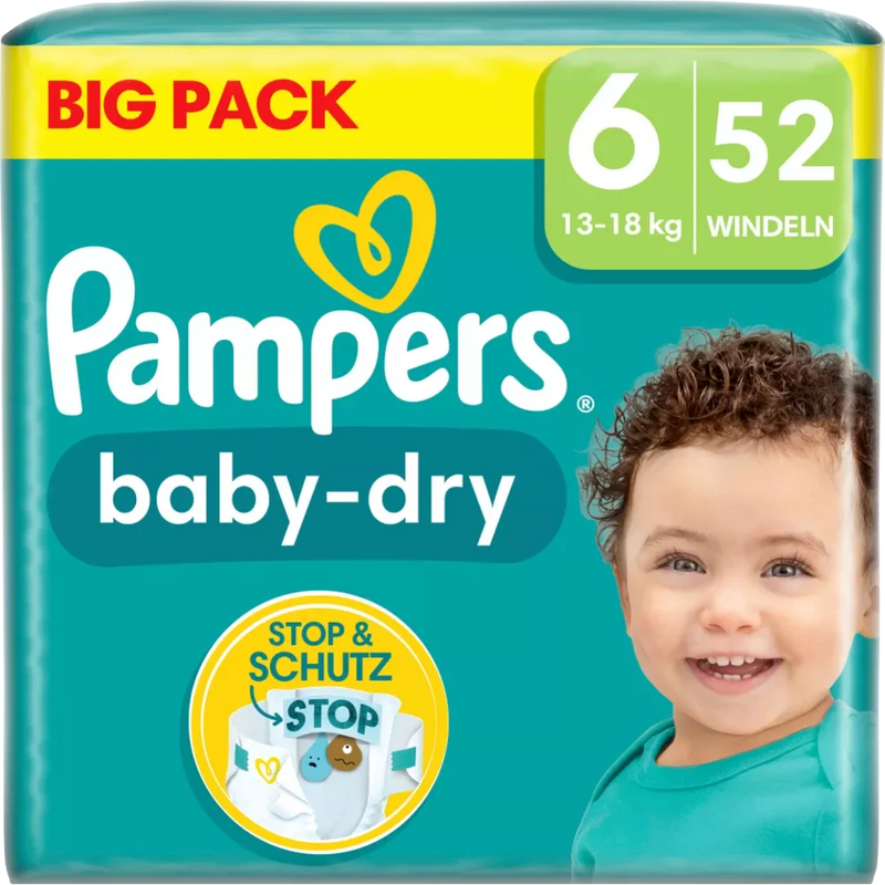 Pampers Luiers Baby Dry Gr.6 Extra Large (13-18 kg), grootverpakking, 52 stuks.