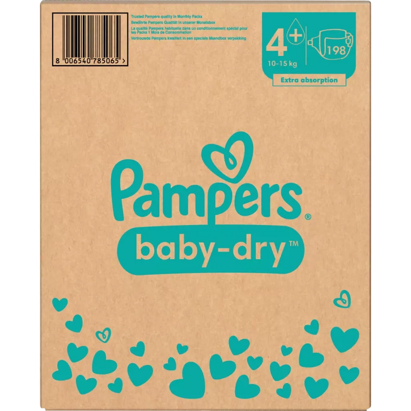 Pampers Luiers Baby Dry Gr.4+ Maxi Plus (10-15 kg), maandelijkse doos, 198 stuks.