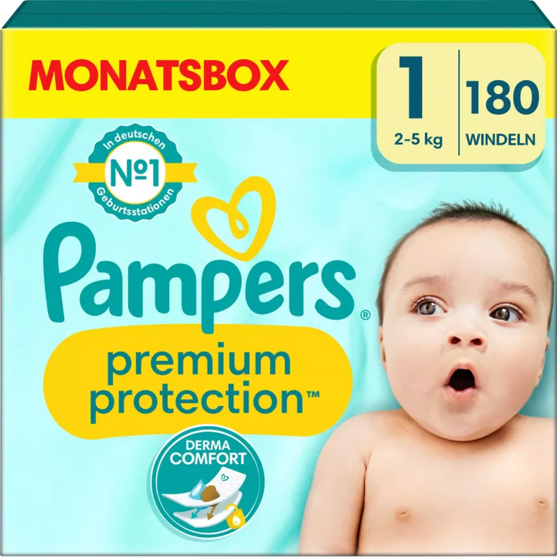Pampers Luiers Premium Protection Gr.1 Newborn (2-5kg), halve maand doos, 180 stuks.