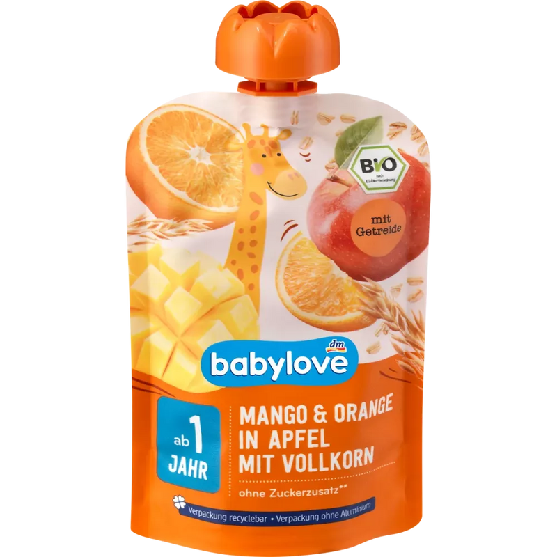 babylove Quetschie mango & sinaasappel in appel met volkoren recyclebaar vanaf 1 jaar, 100 g