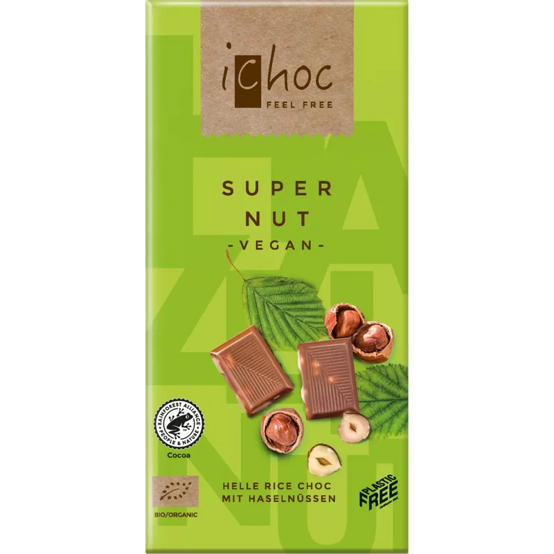 iChoc Chocolade, super noten, lichte rijstchocolade met hazelnoten, 80 g