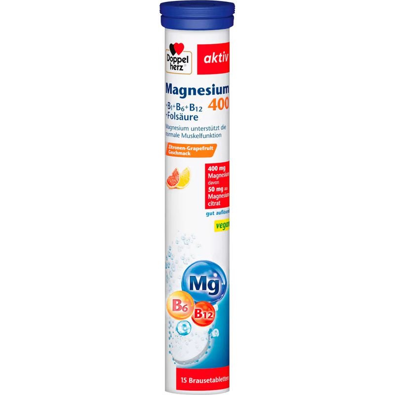 Doppelherz Magnesium 400 + vitamine B6 + B12 + foliumzuur Bruistabletten 15 stuks, 97,5 g
