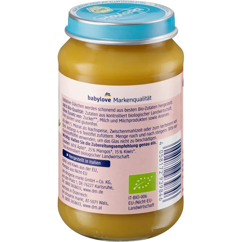 babylove Babymaaltijd 5+ Maanden Mango & Kiwi in Appel 100% biologische kwaliteit -190g