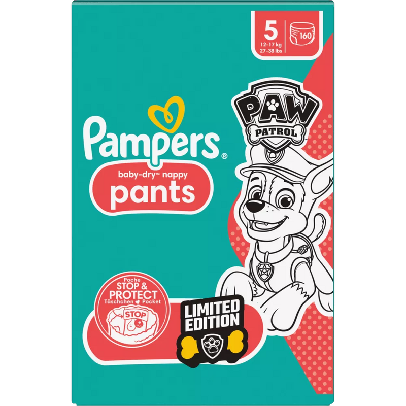 Pampers Baby Pants Baby Dry Gr.5 Junior (12-17 kg) Limited Edition Paw Patrol, maandelijkse doos, 160 stuks.