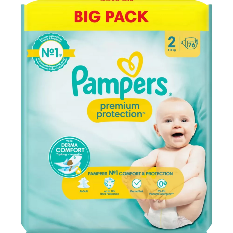 Pampers Luiers Premium Protection maat 2 Mini, New Baby (4-8 kg), Grootverpakking, 76 stuks.