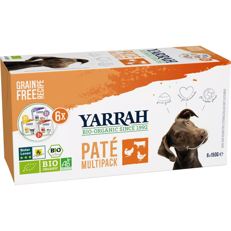 Yarrah Honden Natvoer Bio Paté met rundvlees, kip en kalkoen, Multipack (6 x 150g), 900 g