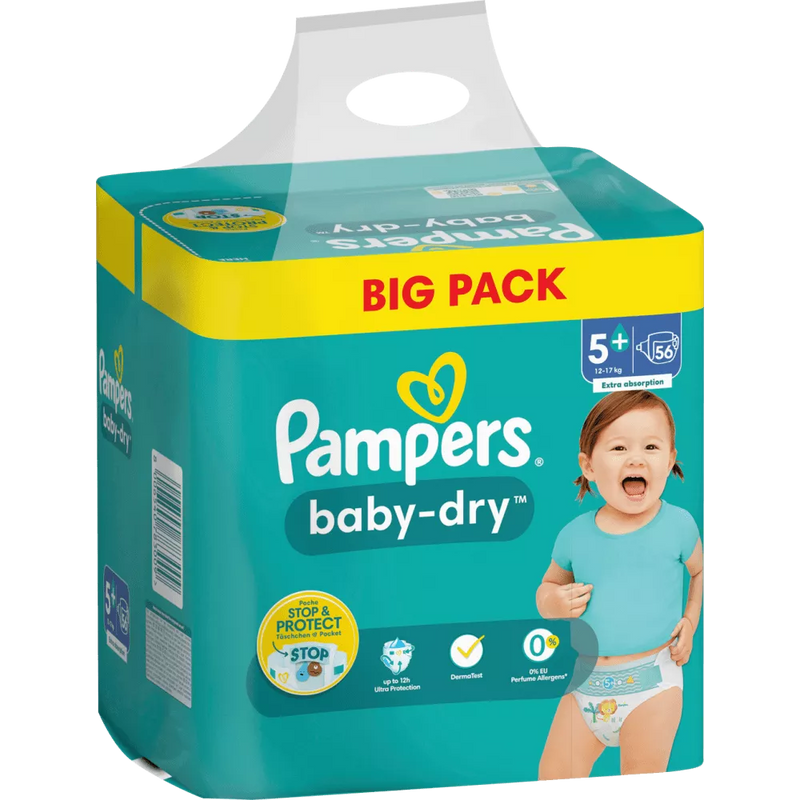 Pampers Luiers Baby Dry Gr.5+ Junior Plus (12-17 kg), grootverpakking, 56 stuks.