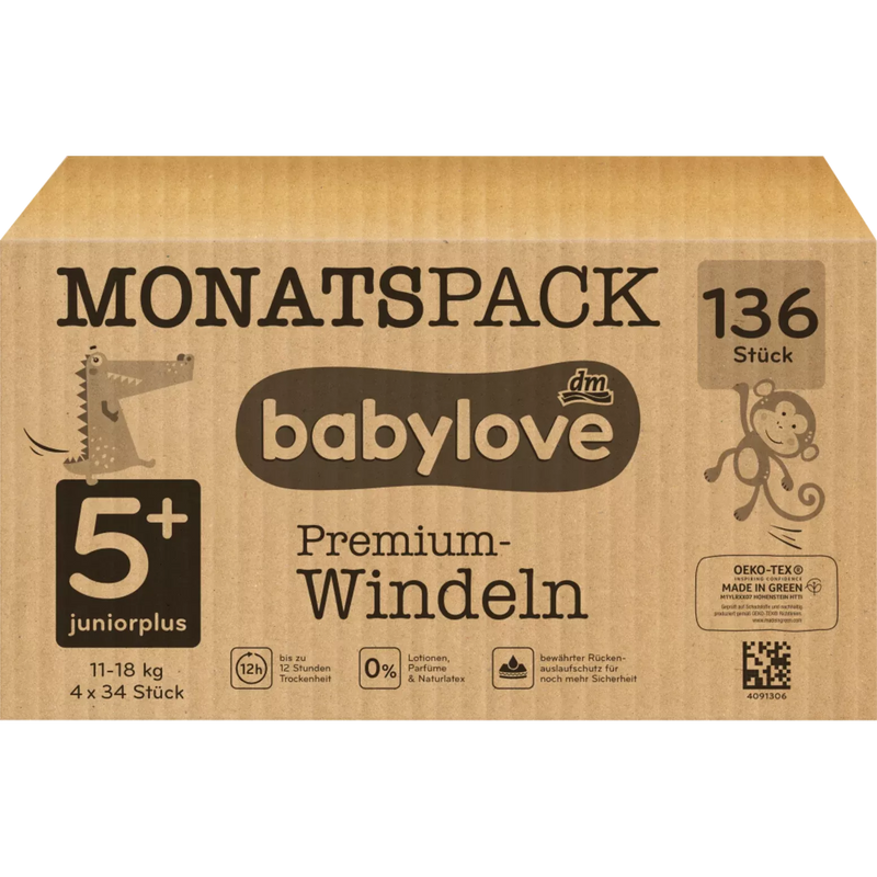 babylove Premium luiers maat 5+, Juniorplus, 11-18 kg, maandverpakking, 136 stuks.