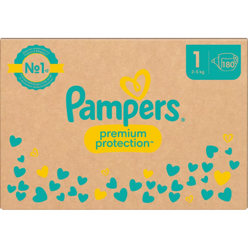 Pampers Luiers Premium Protection Gr.1 Newborn (2-5kg), halve maand doos, 180 stuks.