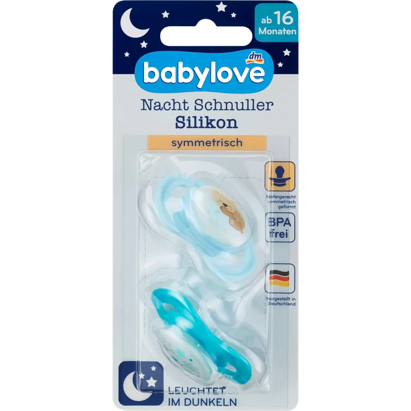 babylove Fopspeen nacht silicone, blauw/turquoise, maat 3, vanaf 16 maanden, 2 stuks.