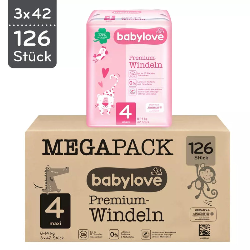 babylove Premium luiers maat 4, Maxi, 8-14 kg, Megapack, 126 st.