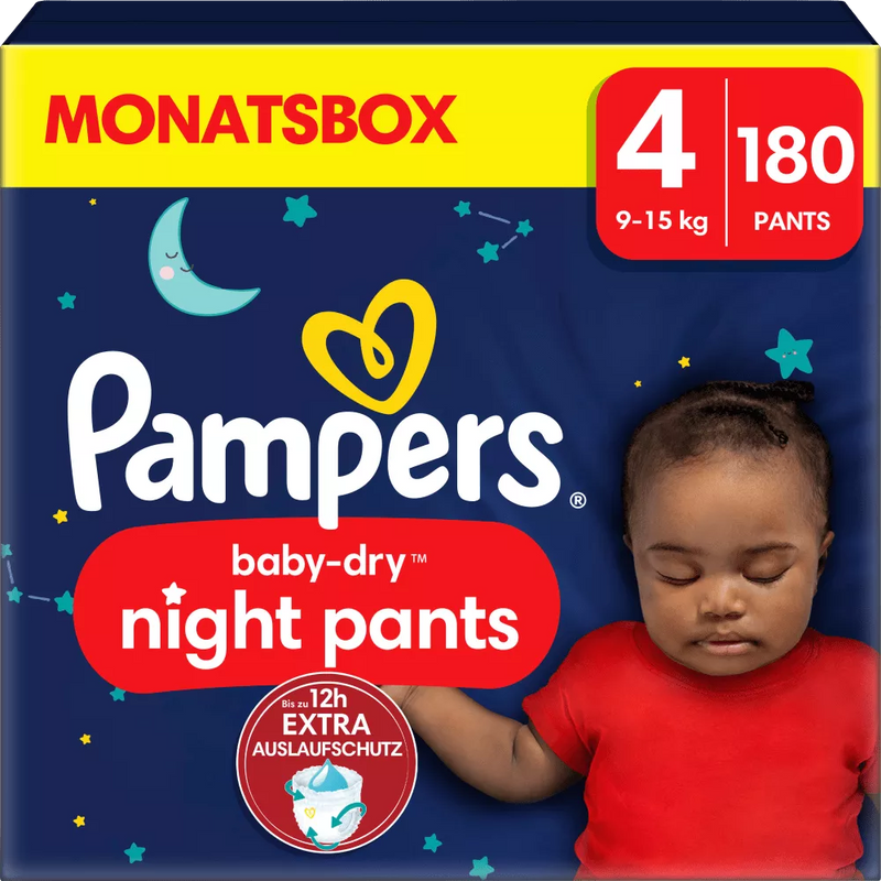 Pampers Babybroekjes nacht Baby Dry maat 4 (9-15 kg), maandelijkse doos, 180 stuks.