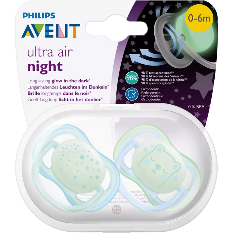 Philips AVENT Soother ultra air night silicone, blauw/groen, 0-6 maanden, 2 stuks.