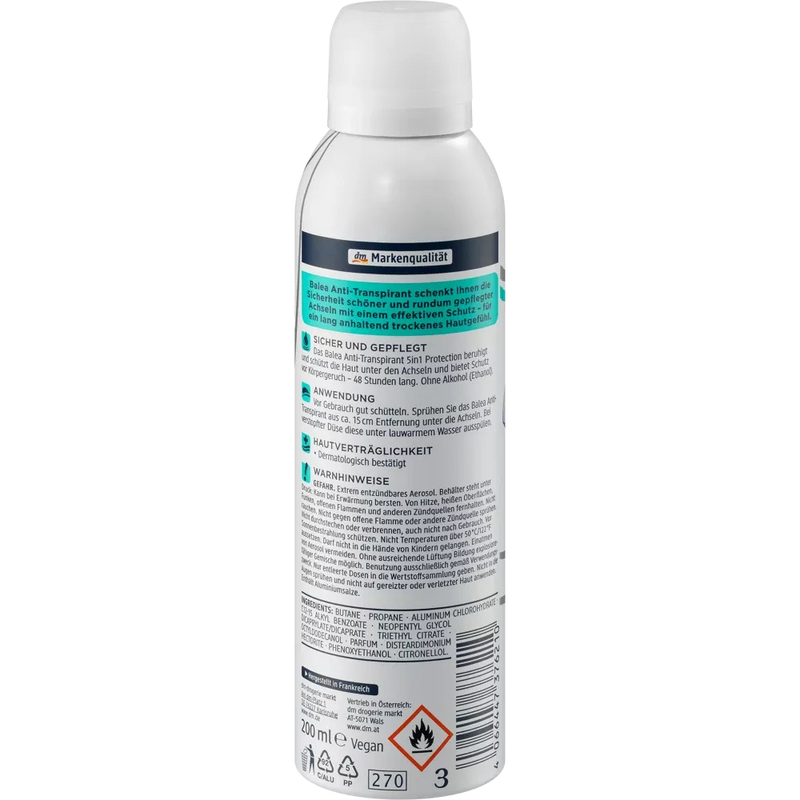 Balea Deodorant Spray Antiperspirant 5in1 Bescherming, 200 ml