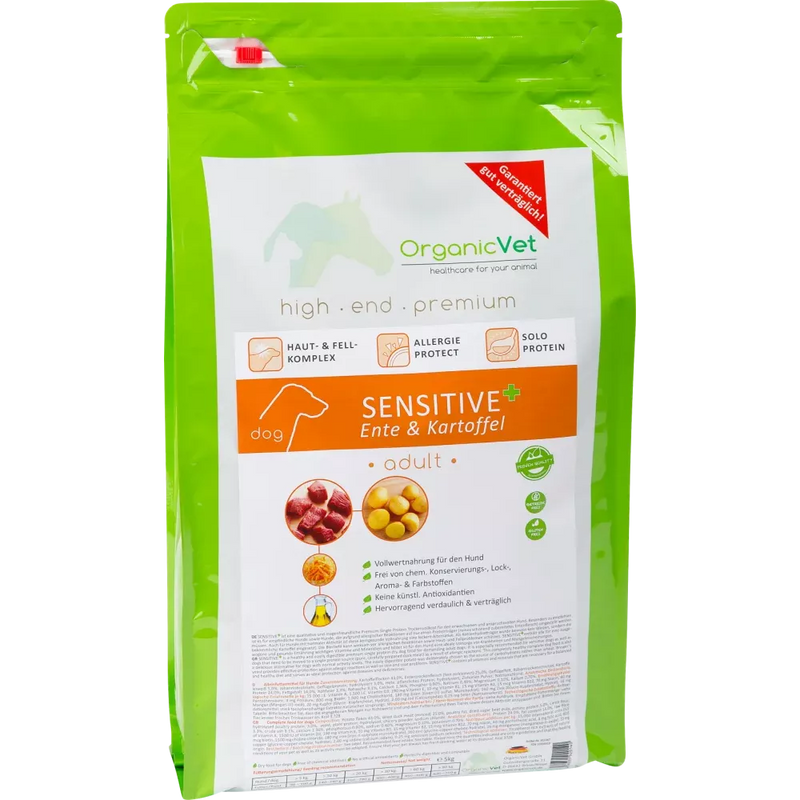 OrganicVet Honden Droogvoer, Sensitive+ met eend & aardappel, adult, 1,5 kg