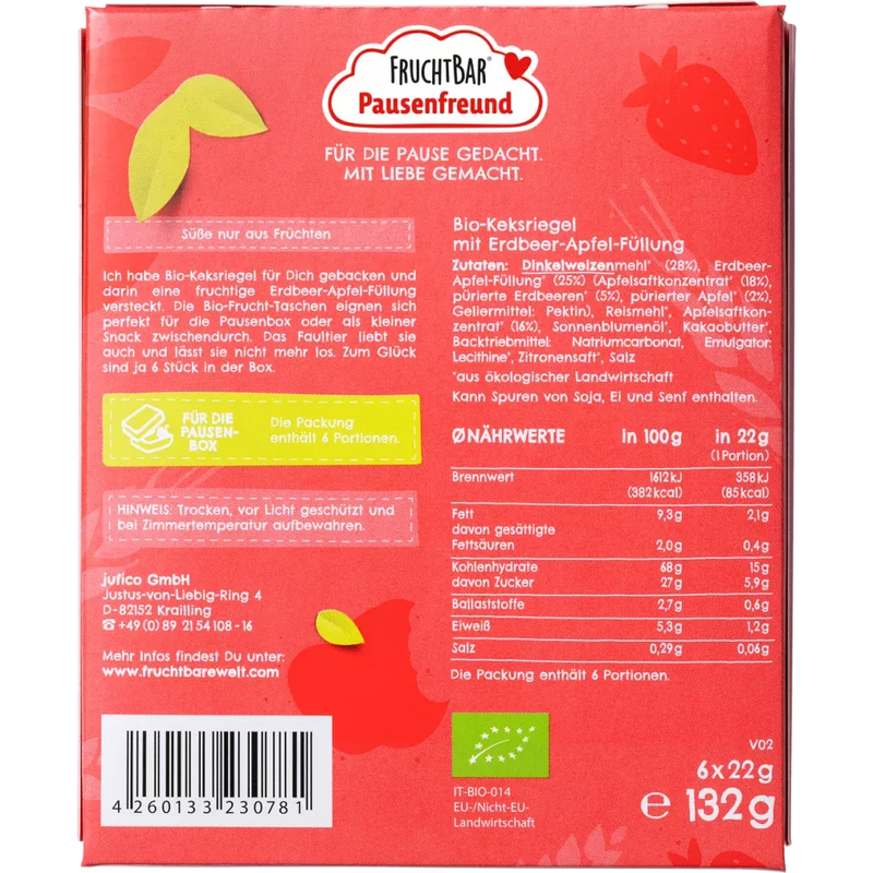 FruchtBar Kindersnack Pausenfreund fruitzakje, spelt, aardbei, appel vanaf 3 jaar 6x22g, 132 g