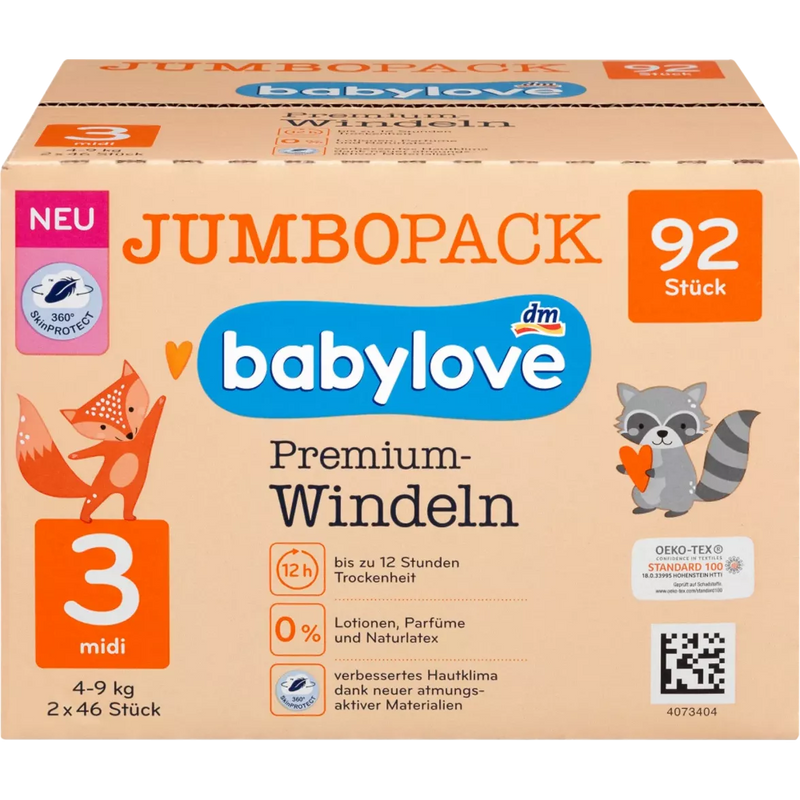 babylove Premium luiers maat 3, Midi, 4-9 kg, Jumbo Pack, 92 stuks