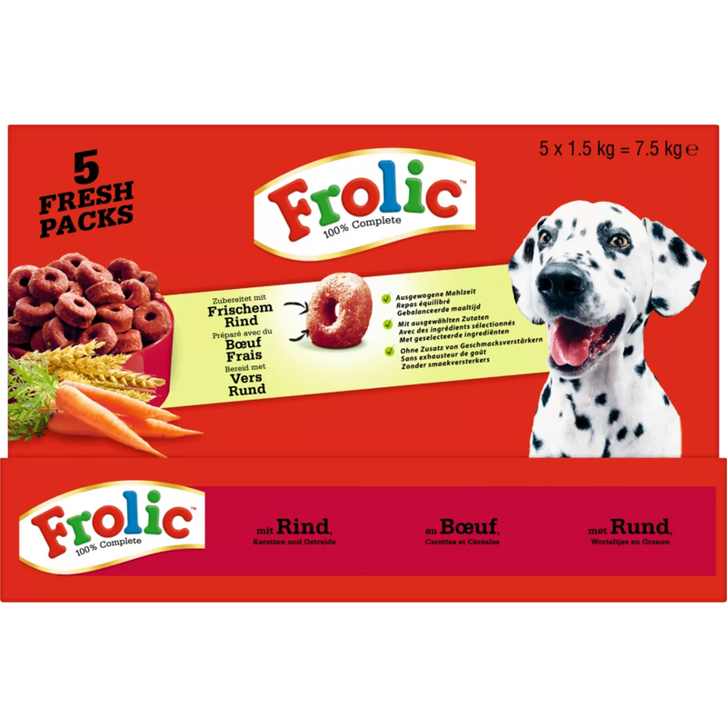 Frolic Honden Droogvoer, Compleet met rundvlees, wortelen & granen, 7,5 kg