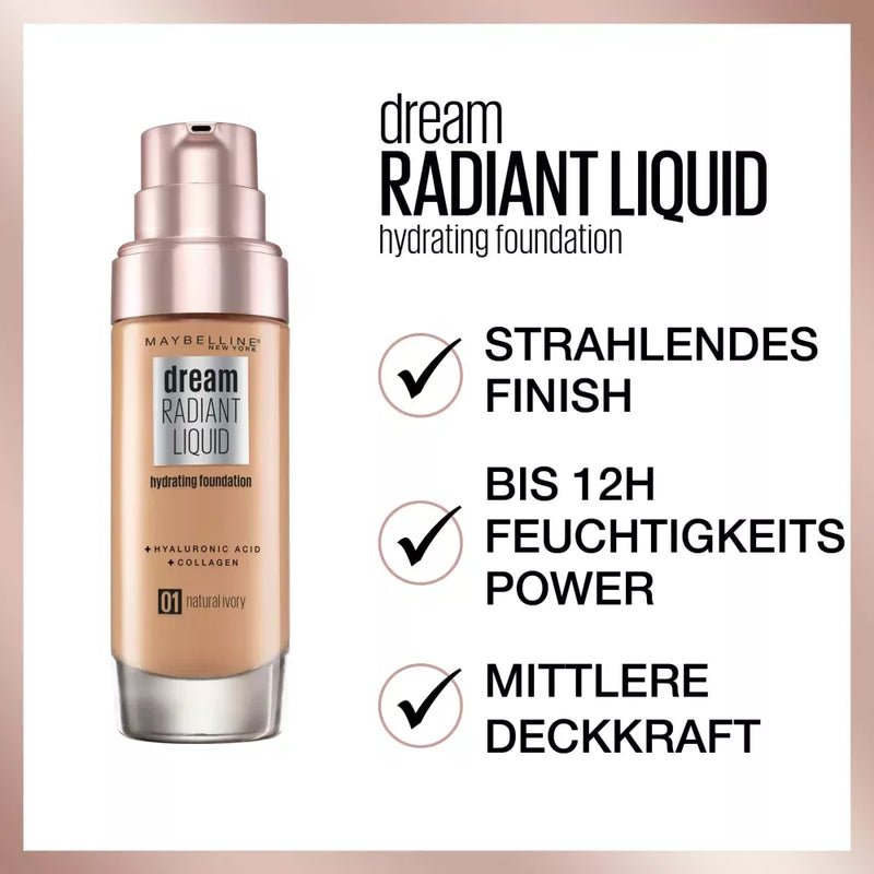 Maybelline New York Foundation Dream Radiant Liquid 10 Ivoor, 30 ml