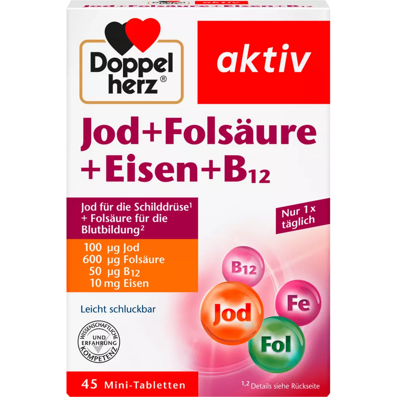 Doppelherz Jodium + foliumzuur + ijzer tabletten 45 stuks, 20,4 g