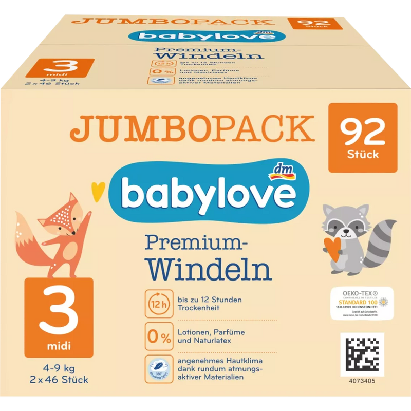 babylove Premium luiers maat 3, Midi, 4-9 kg, Jumbo Pack, 92 stuks