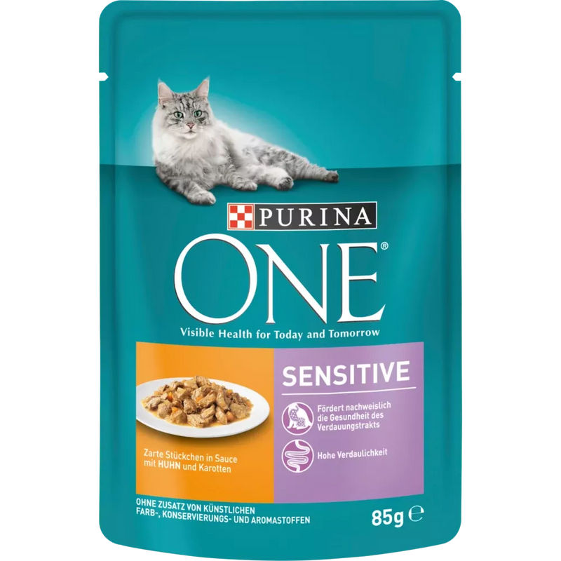PURINA ONE Katten natvoer, Sensitive met kip en wortels in saus, 85 g