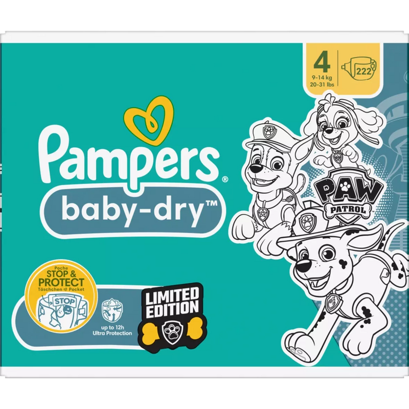 Pampers Luiers Baby Dry maat 4 (9-14 kg) Limited Edition Paw Patrol, maandelijkse doos, 222 stuks.