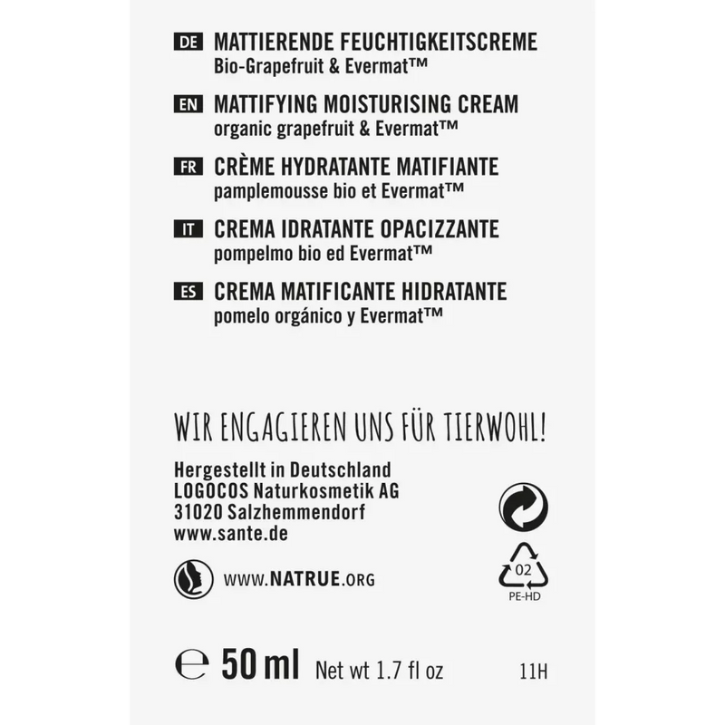 Sante Dagcrème Matterende 24 H Crème Biologische Grapefruit & Evermat, 50 ml