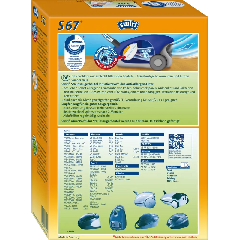 Swirl stofzuigerzak S67 MicroPor Plus incl. 1 filter, 4 stuks