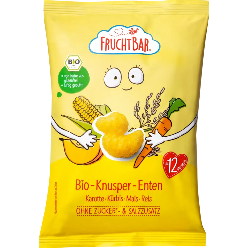 FruchtBar Kids Snack Crispy Ducks Wortel, Pompoen, Mais & Rijst vanaf 12 maanden, 30 g