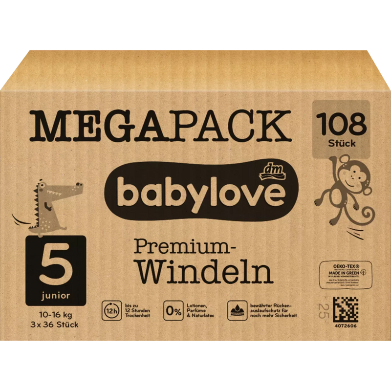 babylove Luiers Premium maat 5 Junior (10-16 kg), Megapack, 108 stuks.