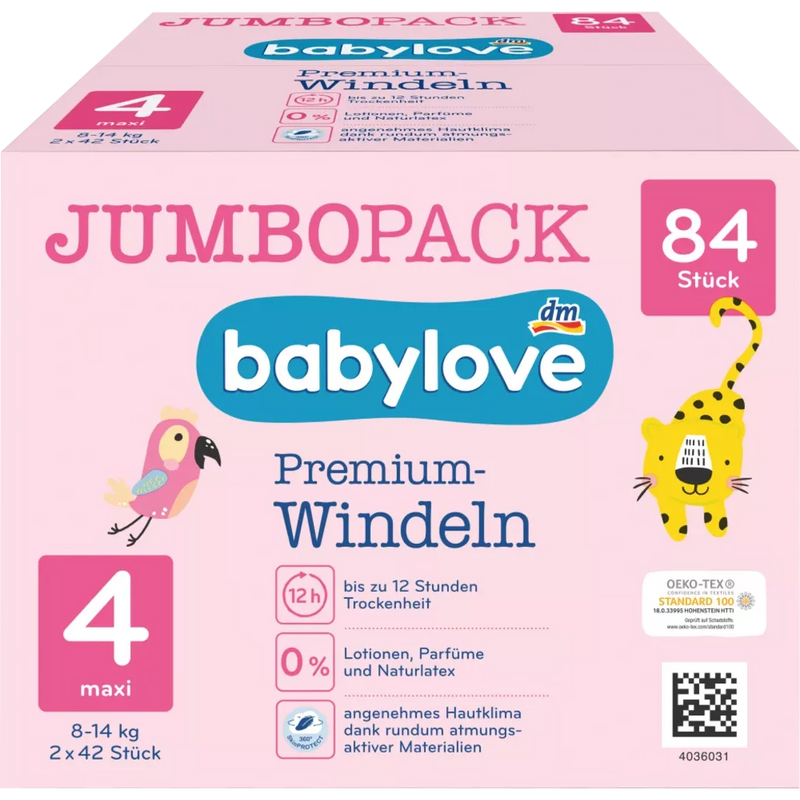 babylove Premium luiers maat 4, Maxi, 8-14 kg, Jumbo Pack, 84 stuks