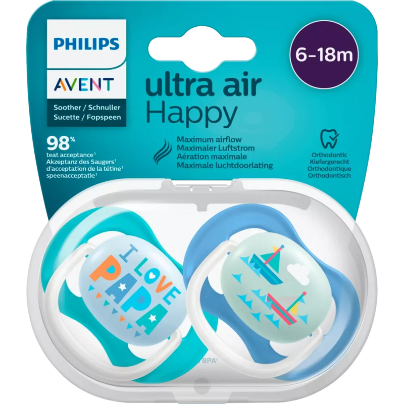 Philips AVENT Fopspeen ultra air silicone, blauw/wit, 6-18 maanden, 2 stuks
