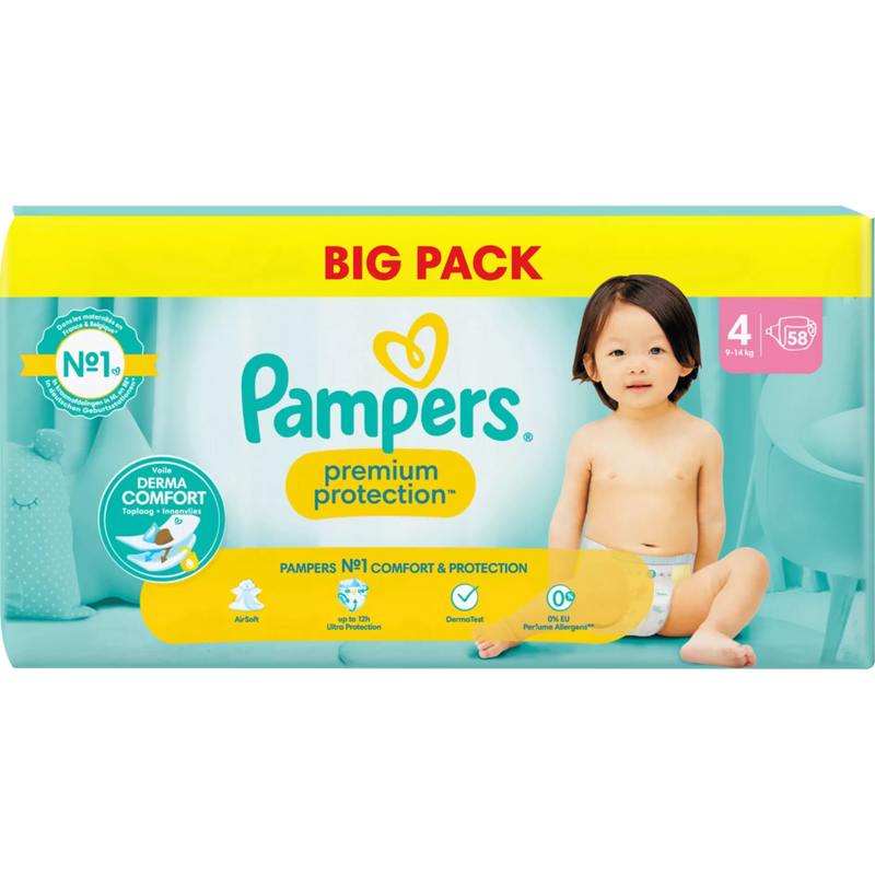 Couches Pampers Premium Protection taille 4 Maxi (9-14 kg), vrac, 58 pièces.
