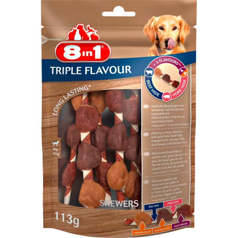 8in1 Snacks voor honden, Adult, Triple Flavour Spiesjes, 113 stuks