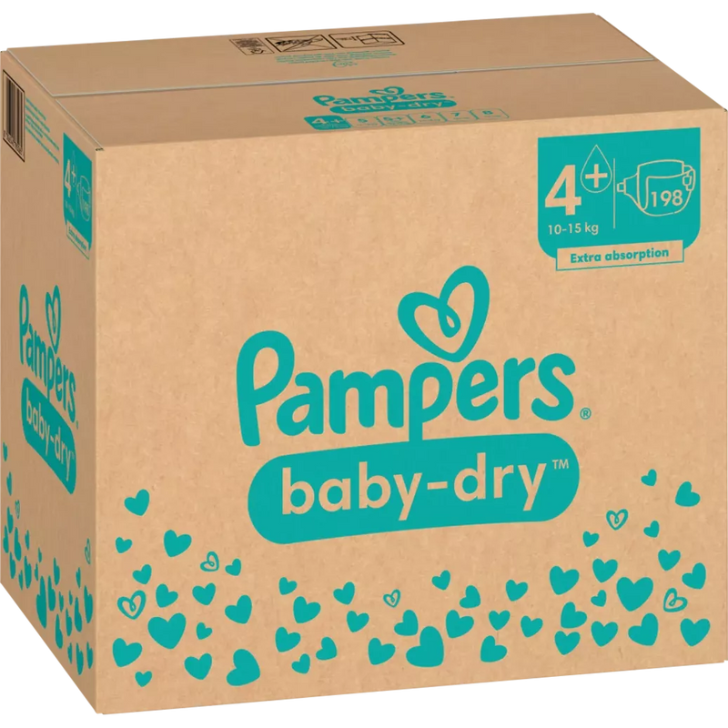 Pampers Luiers Baby Dry Gr.4+ Maxi Plus (10-15 kg), maandelijkse doos, 198 stuks.