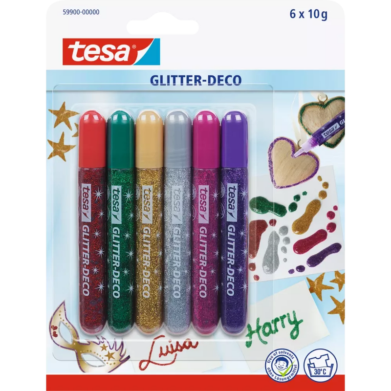 Tesa Glitterlijm Glitter Deco verpakking van 6 assorti 6 x 10 g, 6 stuks.
