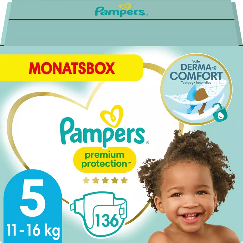 Pampers Luiers Premium Protection maat 5 Junior, 11-16kg, maandelijkse doos, 136 stuks