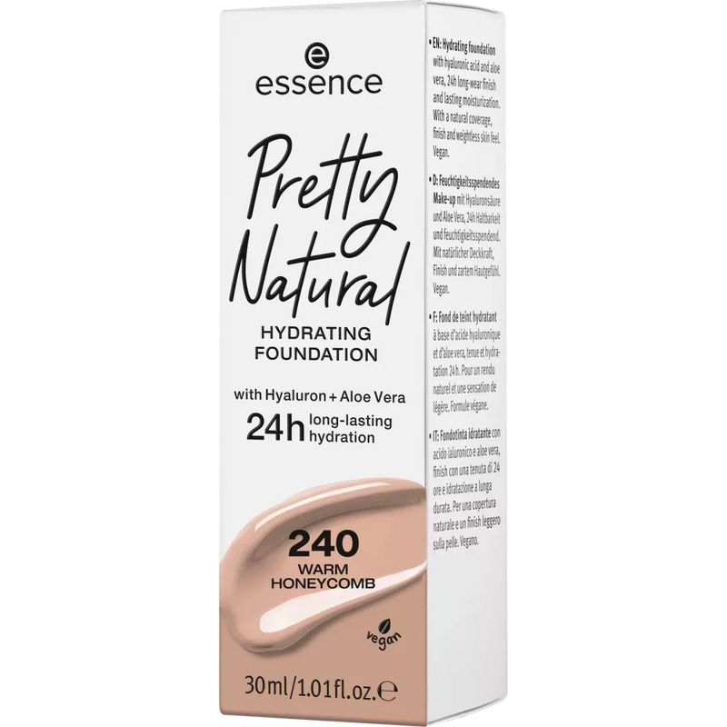 essence cosmetics Make-up Pretty Natural hydraterende foundation Warm Honeycomb 240, 30 ml