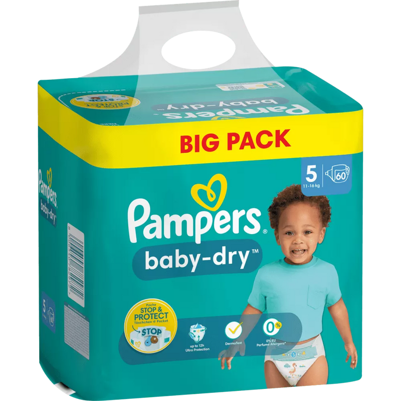 Couches Pampers Baby Dry taille 5 Junior (11-16 kg), paquet en vrac, 60 pièces.