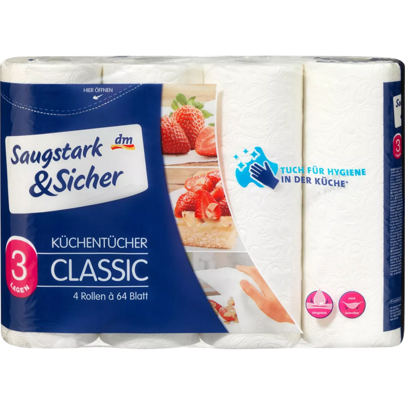 Saugstark&Sicher Keukenhanddoeken Classic 3-laags (4x64 vellen), 4 stuks.