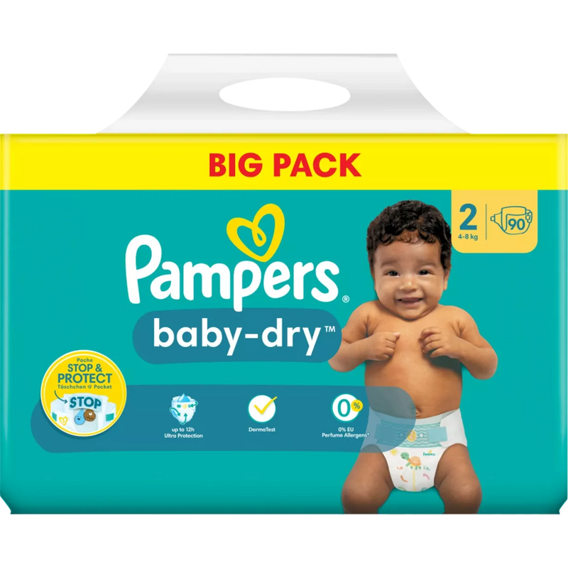 Pampers Luiers Baby Dry maat 2 Mini (4-8 kg), Grootverpakking, 90 stuks.