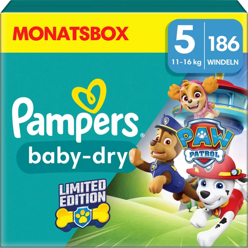 Pampers Luiers Baby Dry maat 5 (11-16 kg) Limited Edition Paw Patrol, maandelijkse doos, 186 stuks.