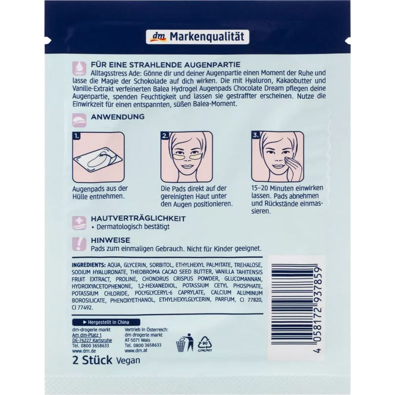 Balea Oogkompressen Hydrogel Chocolate Dream White Chocolate (1 paar), 2 st.