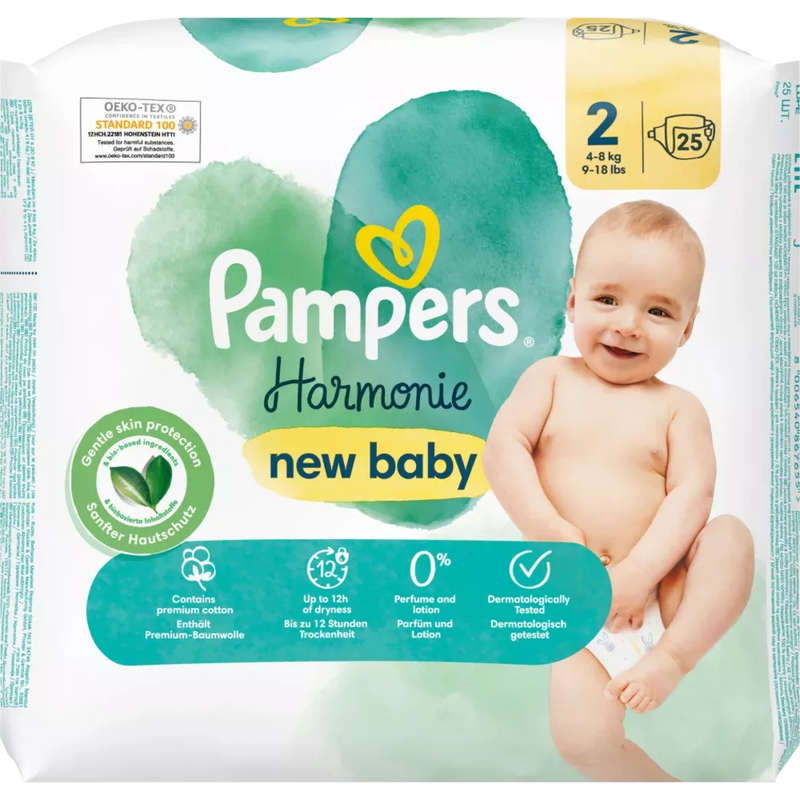 Couches Pampers Harmonie taille 2 Mini (4-8 kg), 25 pièces.
